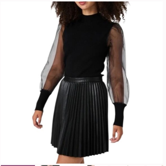 French Connection $108 Krista Organza Sleeve Knit Black Top - Picture 1 of 3